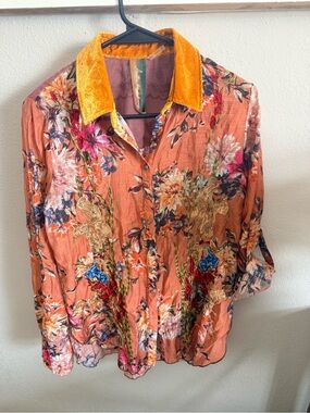 Aratta Orange Floral Button-Down with Mustard Velvet Collar XS Embroidery
